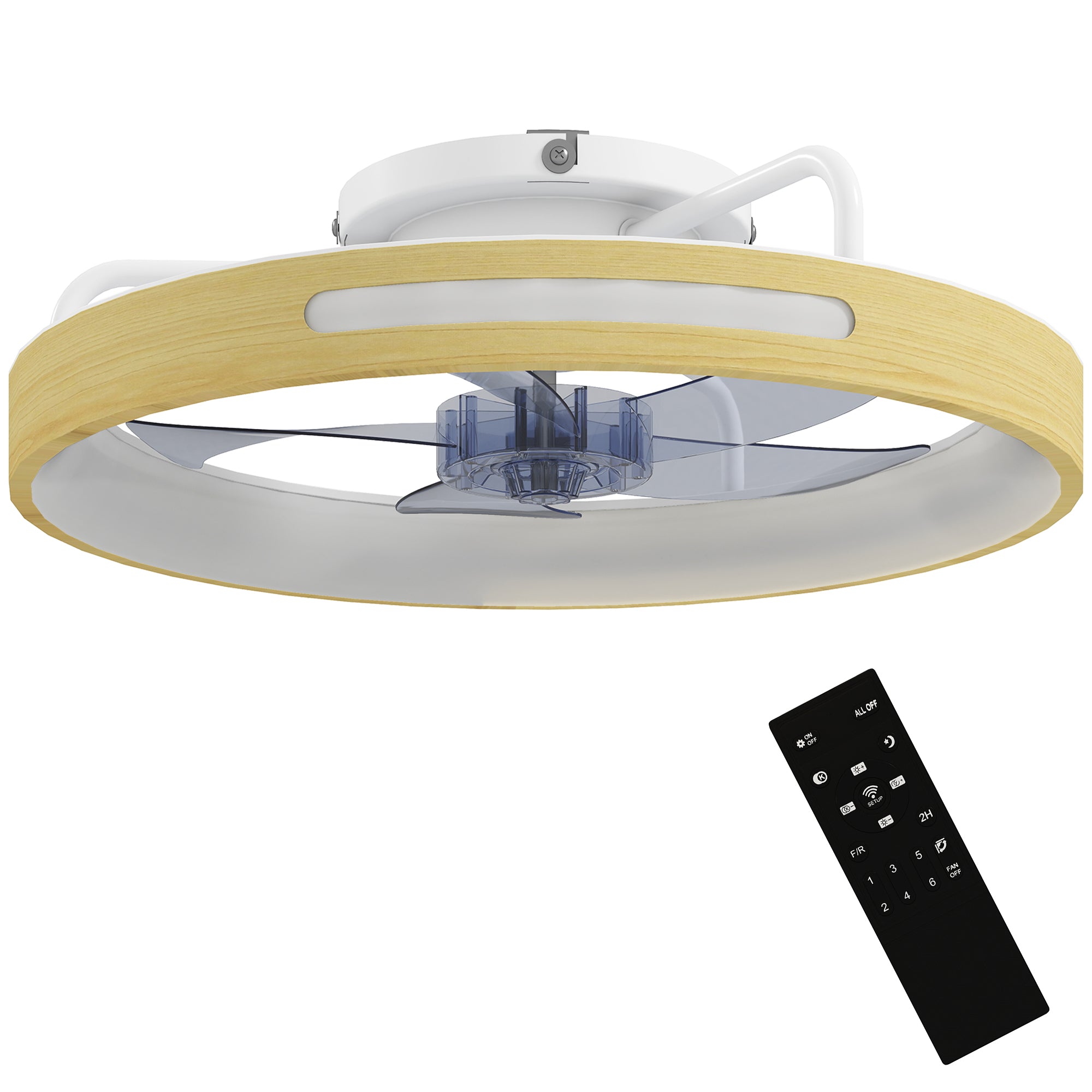 19.3 in LED Ceiling Fan with Light, 40W, Reversible DC Motor, Quiet Operation, Remote Control, 6 Speeds, 3 Color Temps, Timer — Natural Wood Finish