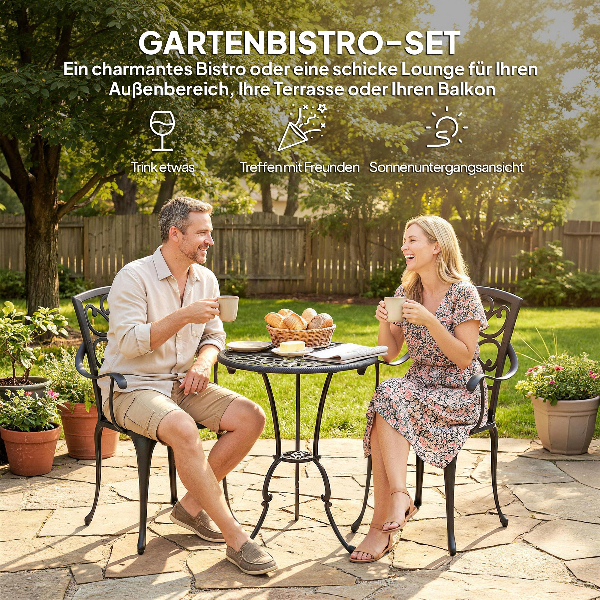 3-Piece Round Bistro Set with 2 Chairs — Die-Cast Aluminum Patio Bistro Table with Umbrella Hole, Antique-Style Black
