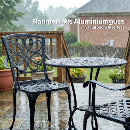 3-Piece Round Bistro Set with 2 Chairs — Die-Cast Aluminum Patio Bistro Table with Umbrella Hole, Antique-Style Black