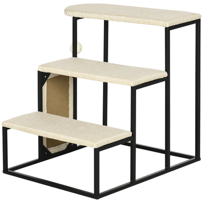 Pet Staircase 3-Step Cat Staircase Dog Staircase with Scratching Board and Play Ball Entry Aid Practical & Lightweight Pet Staircase Steel Sisal Cream White+Black 20" x 21" x 21"