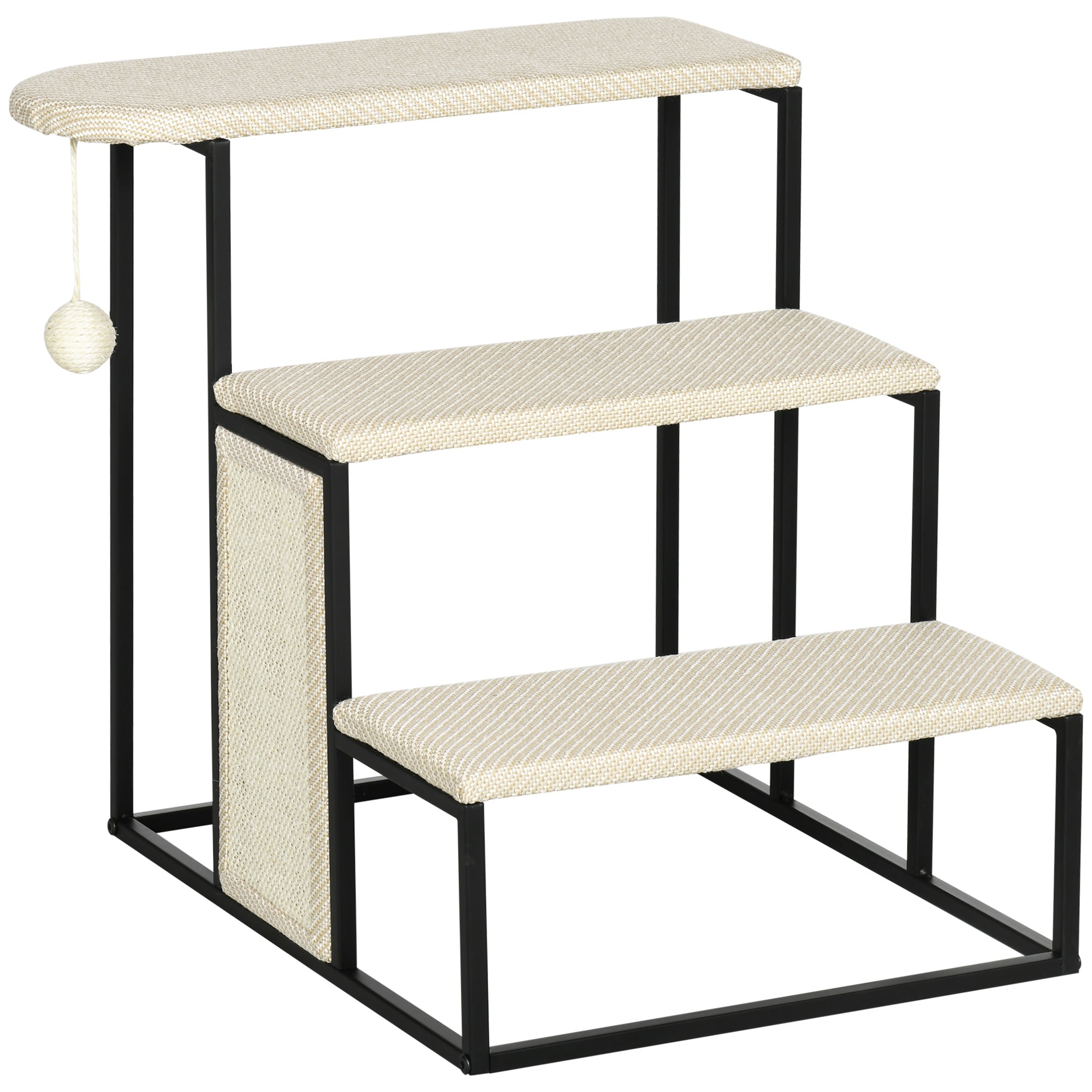 Pet Staircase 3-Step Cat Staircase Dog Staircase with Scratching Board and Play Ball Entry Aid Practical & Lightweight Pet Staircase Steel Sisal Cream White+Black 20" x 21" x 21"