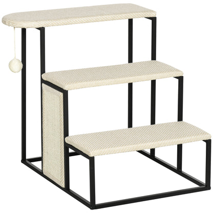 Pet Staircase 3-Step Cat Staircase Dog Staircase with Scratching Board and Play Ball Entry Aid Practical & Lightweight Pet Staircase Steel Sisal Cream White+Black 20" x 21" x 21"