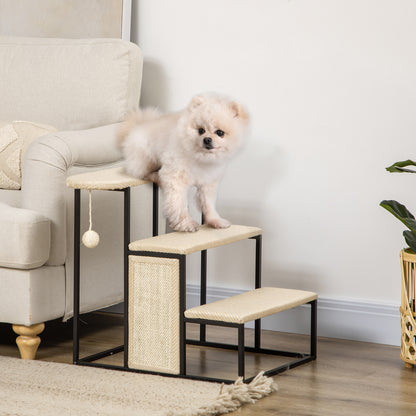 Pet Staircase 3-Step Cat Staircase Dog Staircase with Scratching Board and Play Ball Entry Aid Practical & Lightweight Pet Staircase Steel Sisal Cream White+Black 20" x 21" x 21"