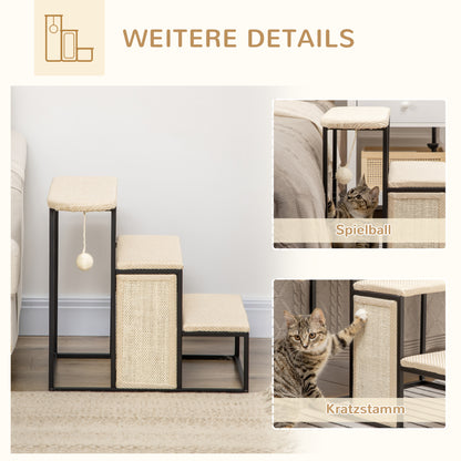 Pet Staircase 3-Step Cat Staircase Dog Staircase with Scratching Board and Play Ball Entry Aid Practical & Lightweight Pet Staircase Steel Sisal Cream White+Black 20" x 21" x 21"