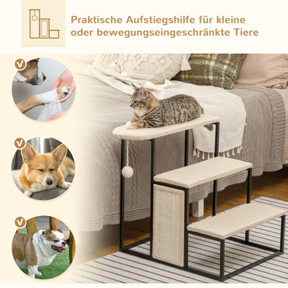 Pet Staircase 3-Step Cat Staircase Dog Staircase with Scratching Board and Play Ball Entry Aid Practical & Lightweight Pet Staircase Steel Sisal Cream White+Black 20" x 21" x 21"