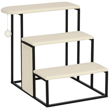Pet Staircase 3-Step Cat Staircase Dog Staircase with Scratching Board and Play Ball Entry Aid Practical & Lightweight Pet Staircase Steel Sisal Cream White+Black 20" x 21" x 21"
