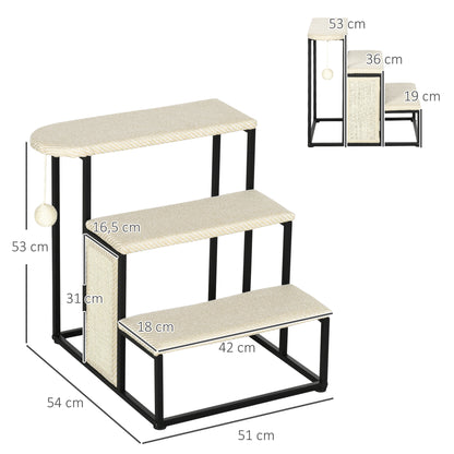 Pet Staircase 3-Step Cat Staircase Dog Staircase with Scratching Board and Play Ball Entry Aid Practical & Lightweight Pet Staircase Steel Sisal Cream White+Black 20" x 21" x 21"