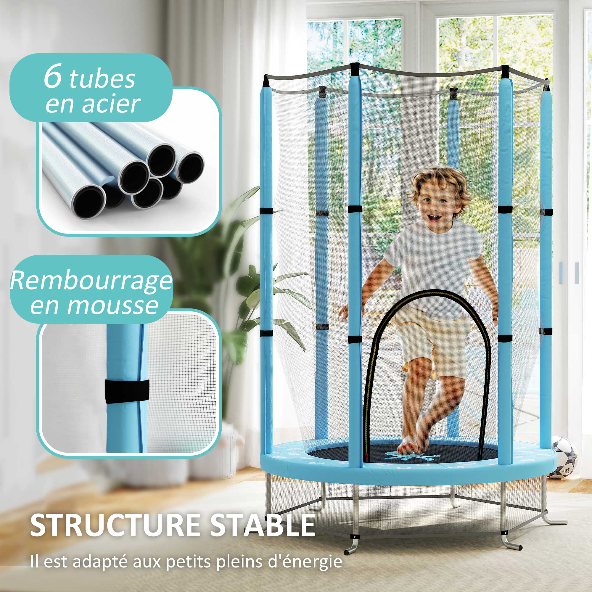 140 cm Diameter Children's Trampoline, Outdoor Trampoline for Children with Safety Net, Zippered Door, 6 Padded Poles, for Indoor Outdoor Use, for 3-6 Years Old, Light Blue