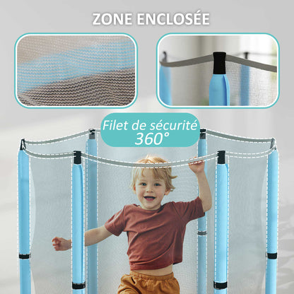140 cm Diameter Children's Trampoline, Outdoor Trampoline for Children with Safety Net, Zippered Door, 6 Padded Poles, for Indoor Outdoor Use, for 3-6 Years Old, Light Blue