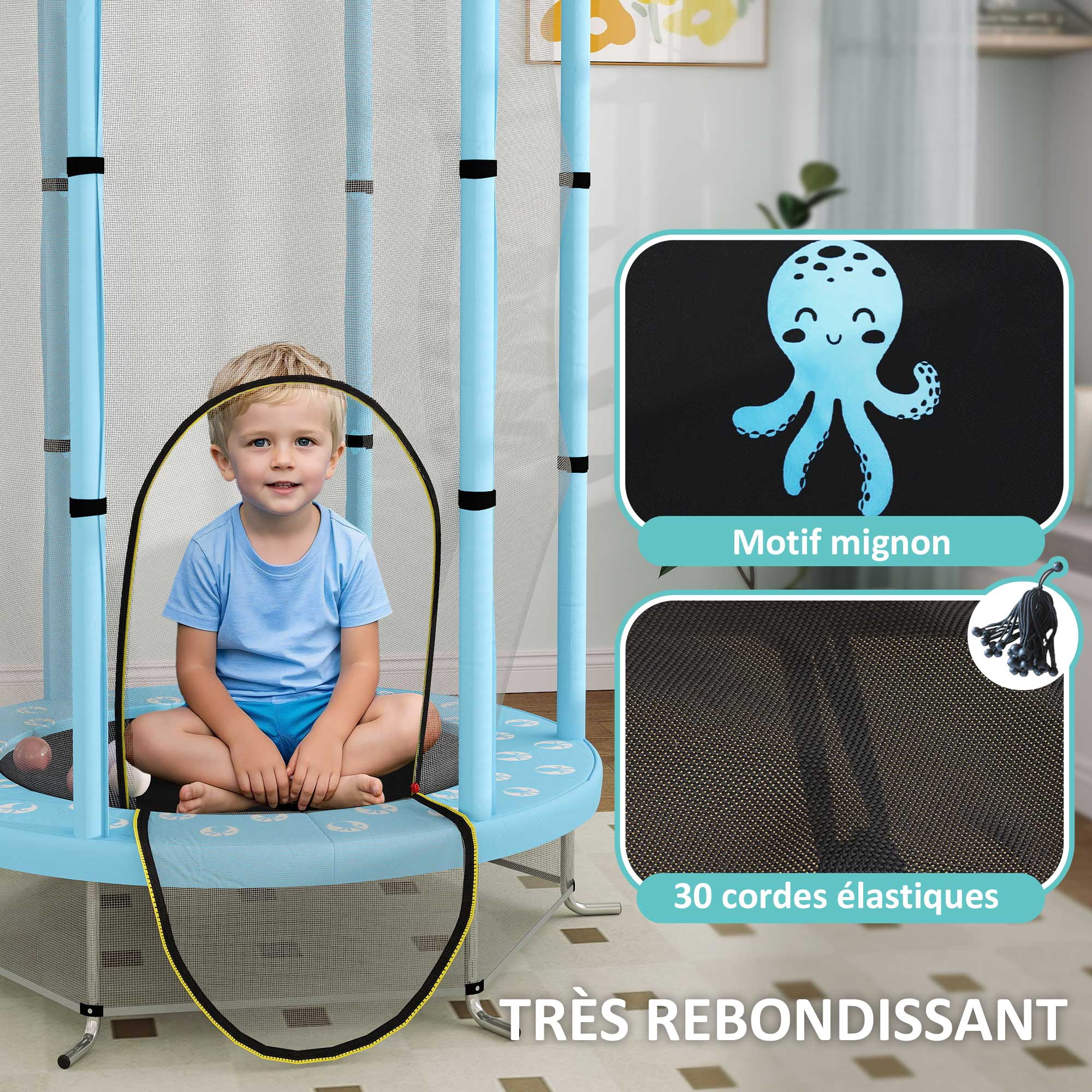 140 cm Diameter Children's Trampoline, Outdoor Trampoline for Children with Safety Net, Zippered Door, 6 Padded Poles, for Indoor Outdoor Use, for 3-6 Years Old, Light Blue