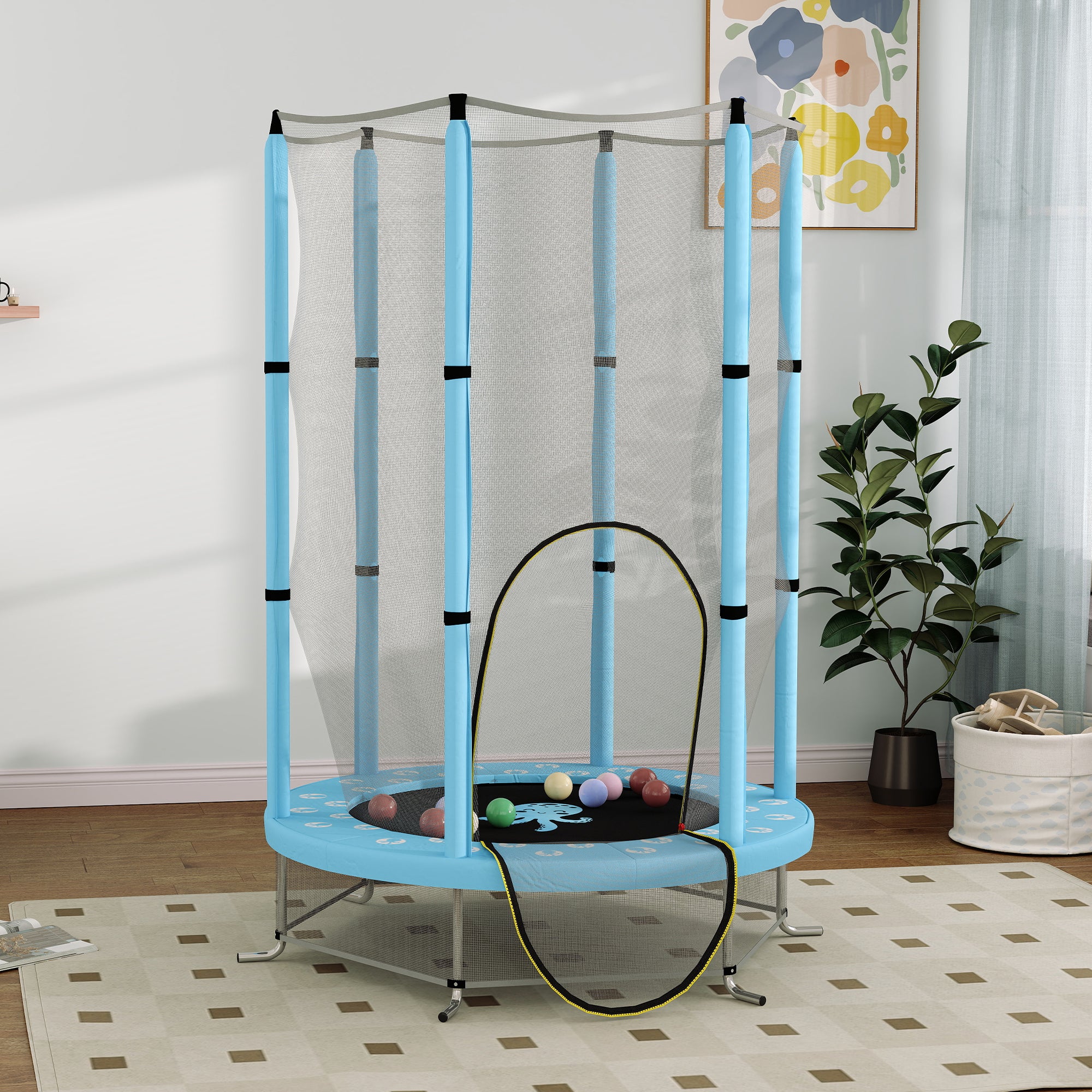 140 cm Diameter Children's Trampoline, Outdoor Trampoline for Children with Safety Net, Zippered Door, 6 Padded Poles, for Indoor Outdoor Use, for 3-6 Years Old, Light Blue