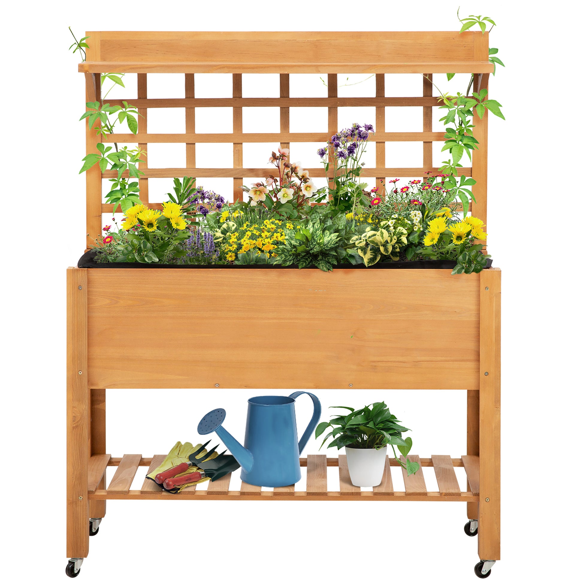 Raised Planting Table Flower Table Work Table Gardening Table Greenhouse Wooden Planting Table for Garden Balcony, 105 x 40 x 135 cm, Fir, non-woven fabric, Brown