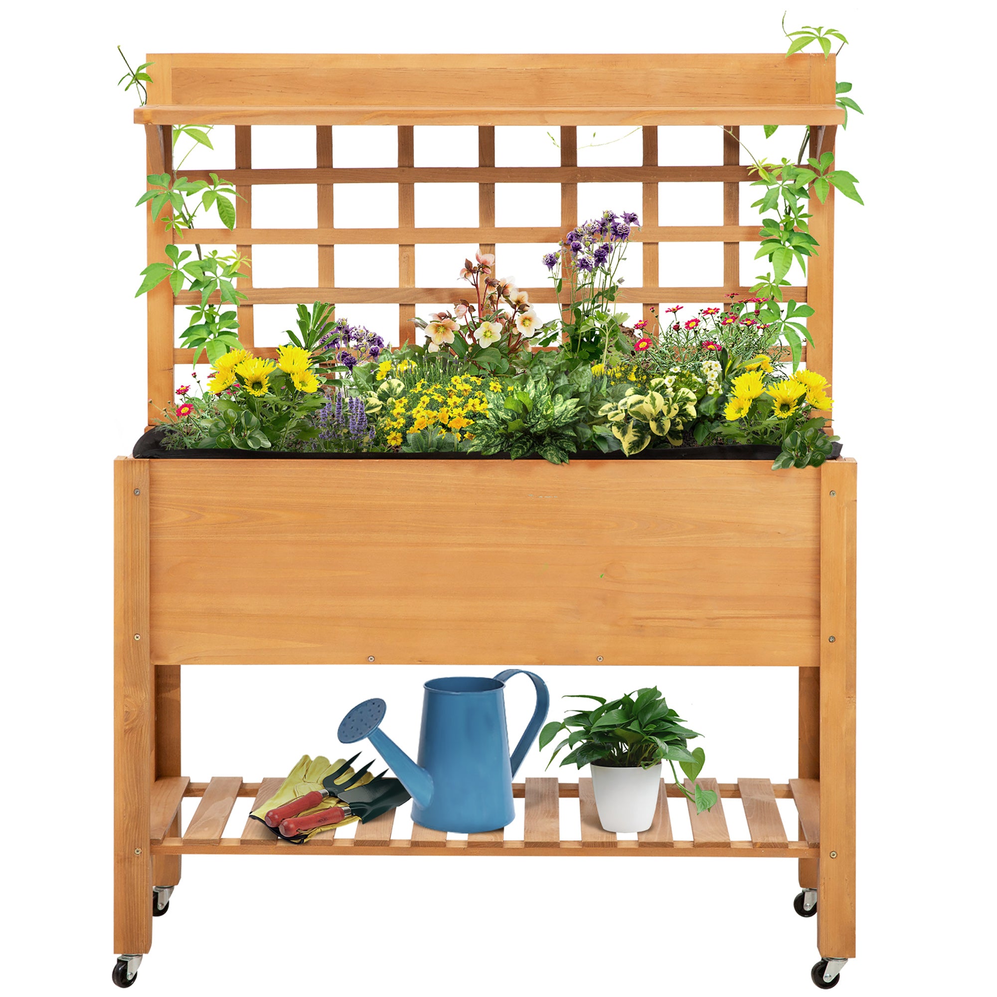 Raised Planting Table Flower Table Work Table Gardening Table Greenhouse Wooden Planting Table for Garden Balcony, 105 x 40 x 135 cm, Fir, non-woven fabric, Brown