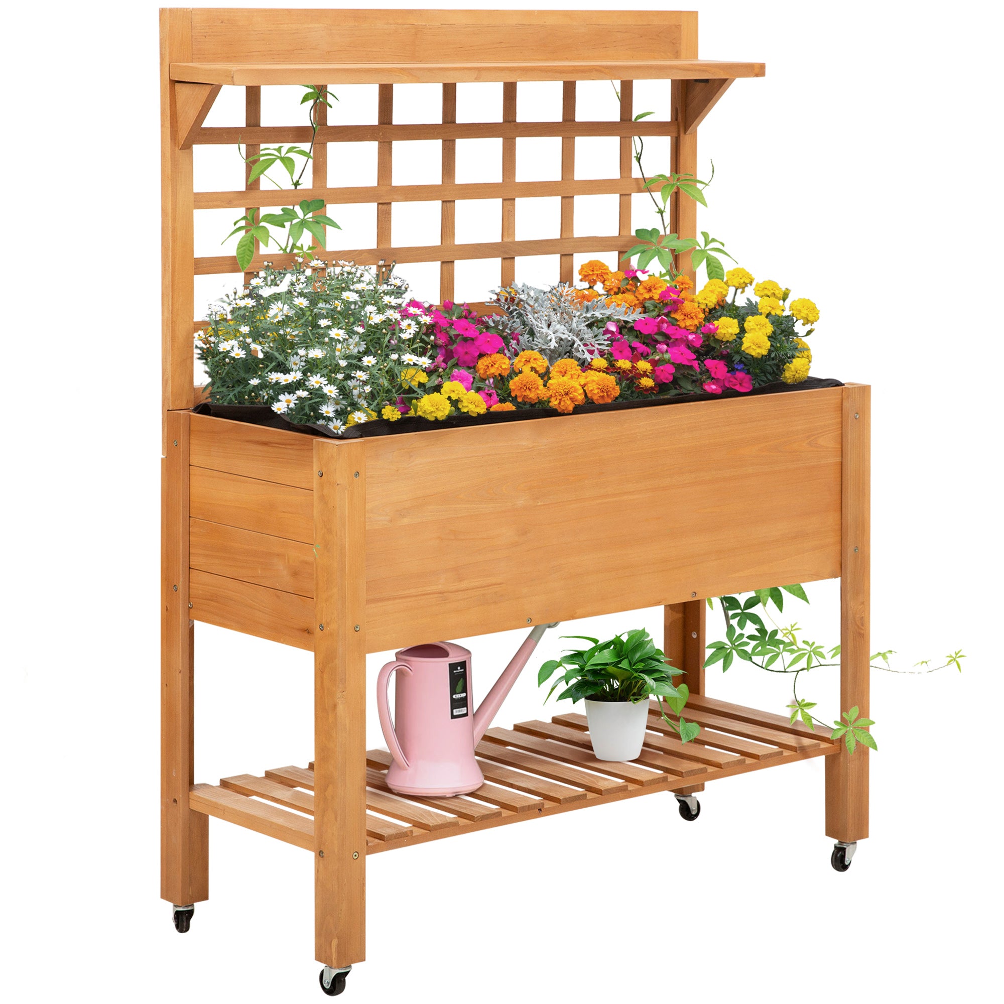 Raised Planting Table Flower Table Work Table Gardening Table Greenhouse Wooden Planting Table for Garden Balcony, 105 x 40 x 135 cm, Fir, non-woven fabric, Brown