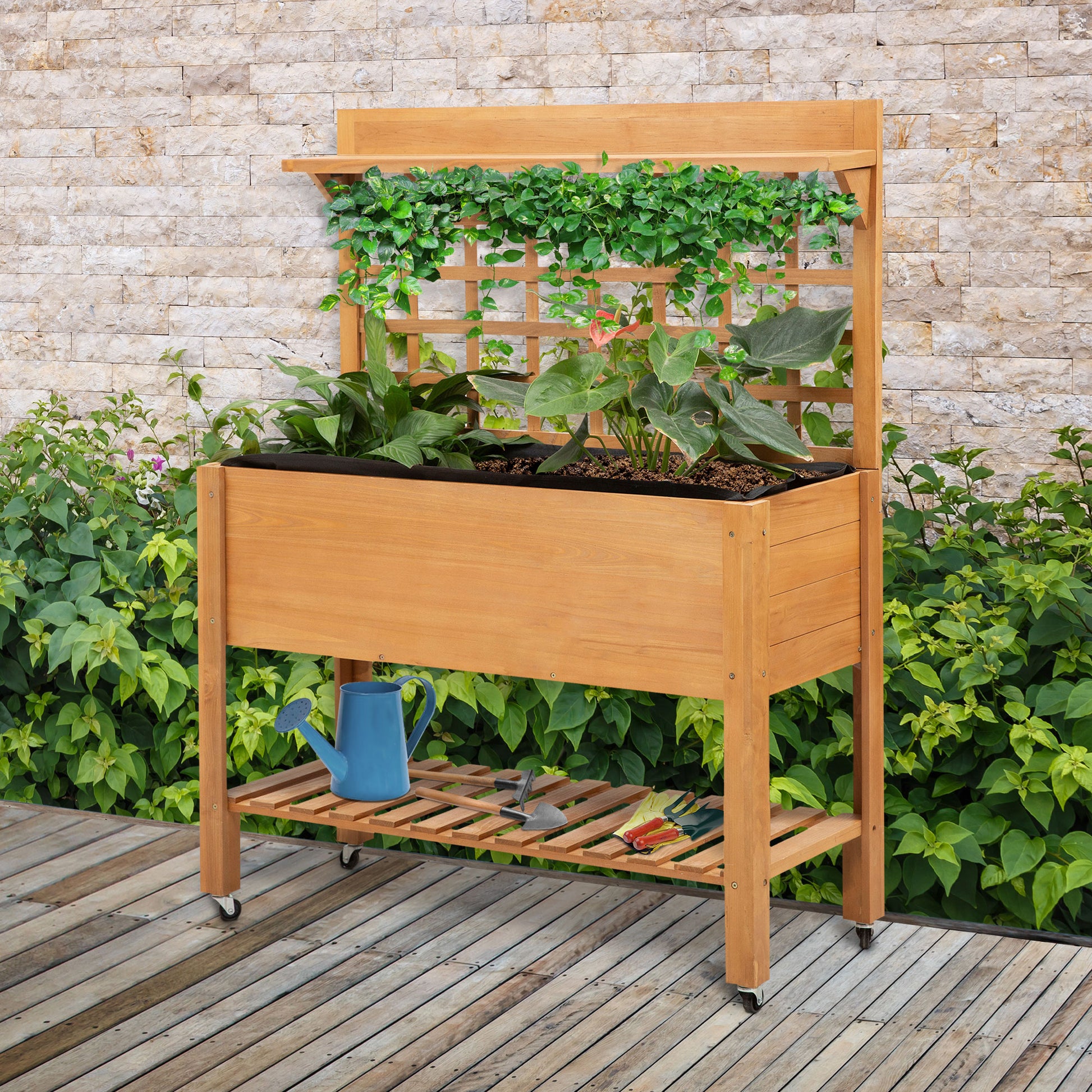Raised Planting Table Flower Table Work Table Gardening Table Greenhouse Wooden Planting Table for Garden Balcony, 105 x 40 x 135 cm, Fir, non-woven fabric, Brown