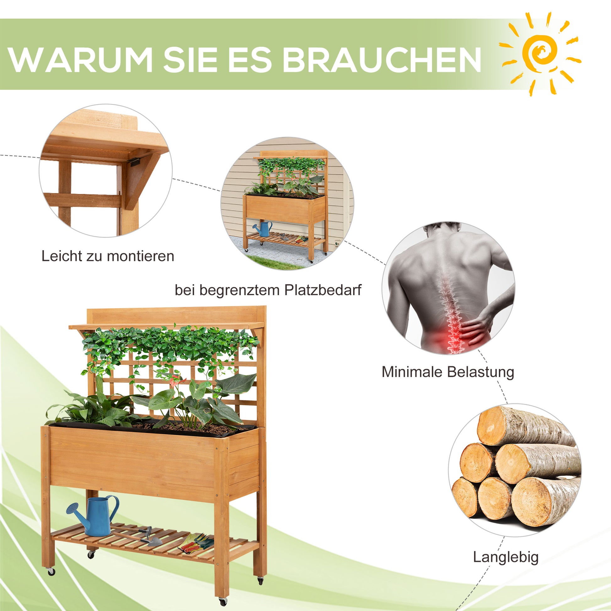 Raised Planting Table Flower Table Work Table Gardening Table Greenhouse Wooden Planting Table for Garden Balcony, 105 x 40 x 135 cm, Fir, non-woven fabric, Brown