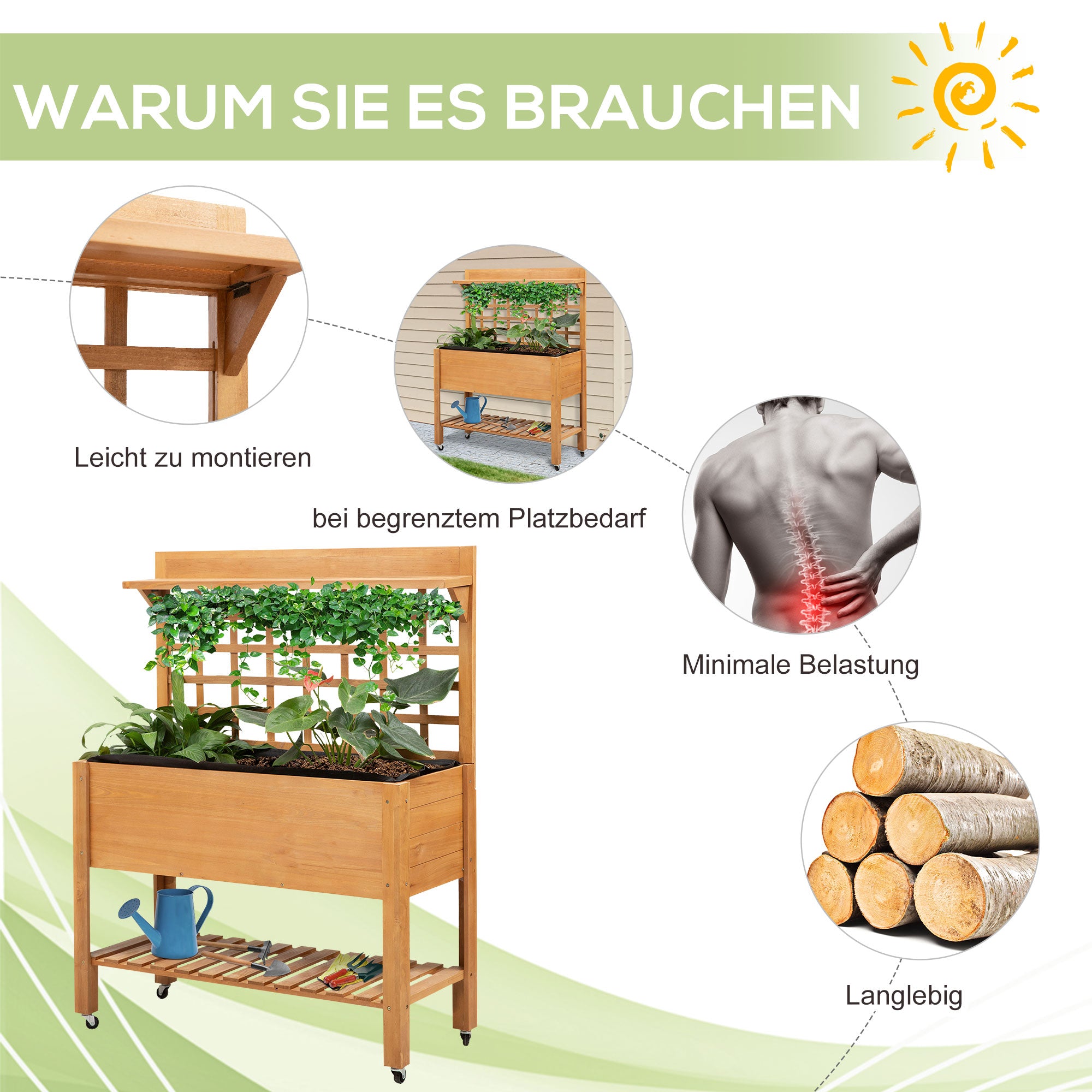 Raised Planting Table Flower Table Work Table Gardening Table Greenhouse Wooden Planting Table for Garden Balcony, 105 x 40 x 135 cm, Fir, non-woven fabric, Brown