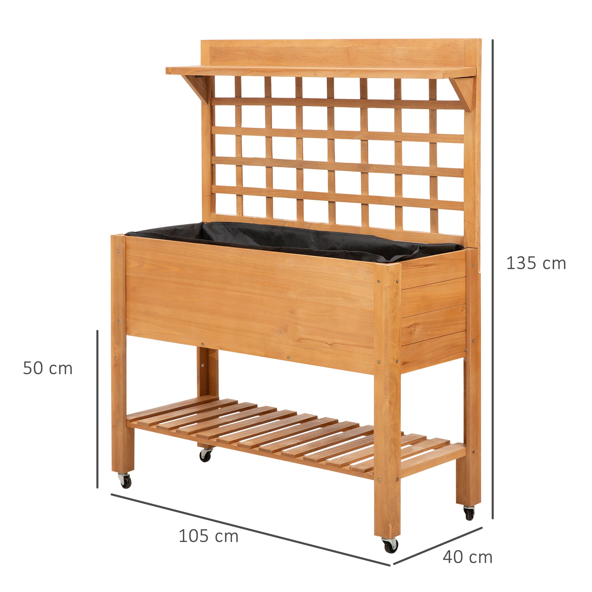 Raised Planting Table Flower Table Work Table Gardening Table Greenhouse Wooden Planting Table for Garden Balcony, 105 x 40 x 135 cm, Fir, non-woven fabric, Brown