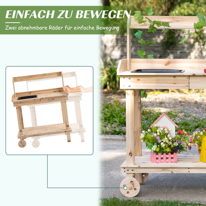 Planting Table with Drawer 2 Steps Gardening Table with Sink and Wheels Garden Natural Pine Wood 92 x 45 x 119 cm