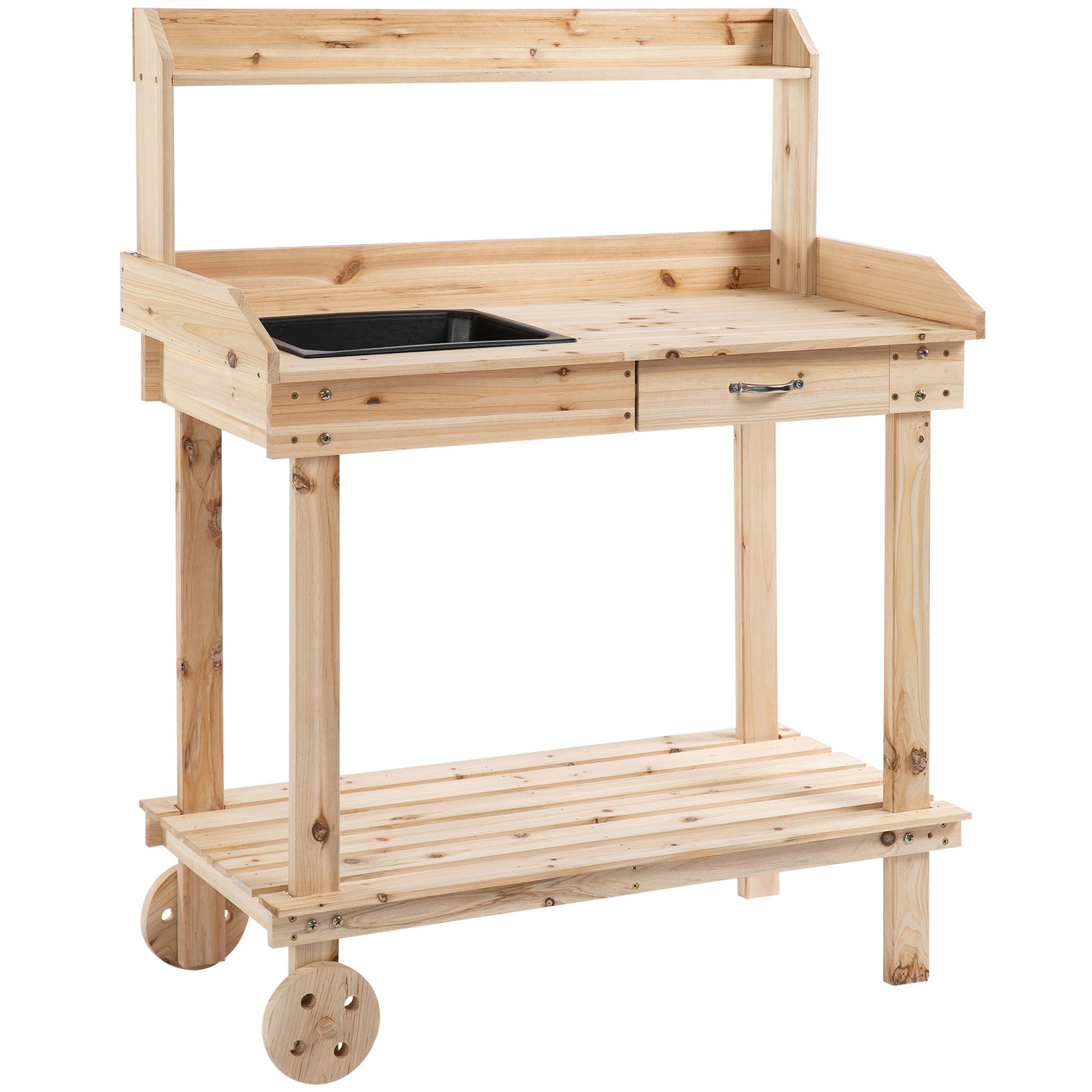 Planting Table with Drawer 2 Steps Gardening Table with Sink and Wheels Garden Natural Pine Wood 92 x 45 x 119 cm