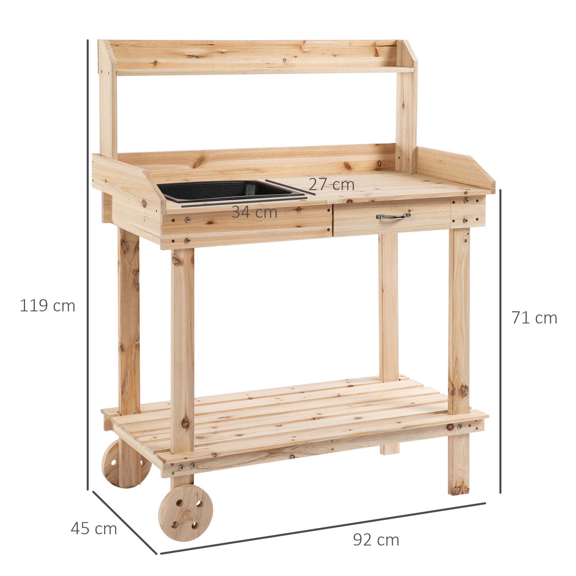 Planting Table with Drawer 2 Steps Gardening Table with Sink and Wheels Garden Natural Pine Wood 92 x 45 x 119 cm