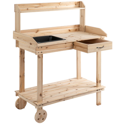 Planting Table with Drawer 2 Steps Gardening Table with Sink and Wheels Garden Natural Pine Wood 92 x 45 x 119 cm