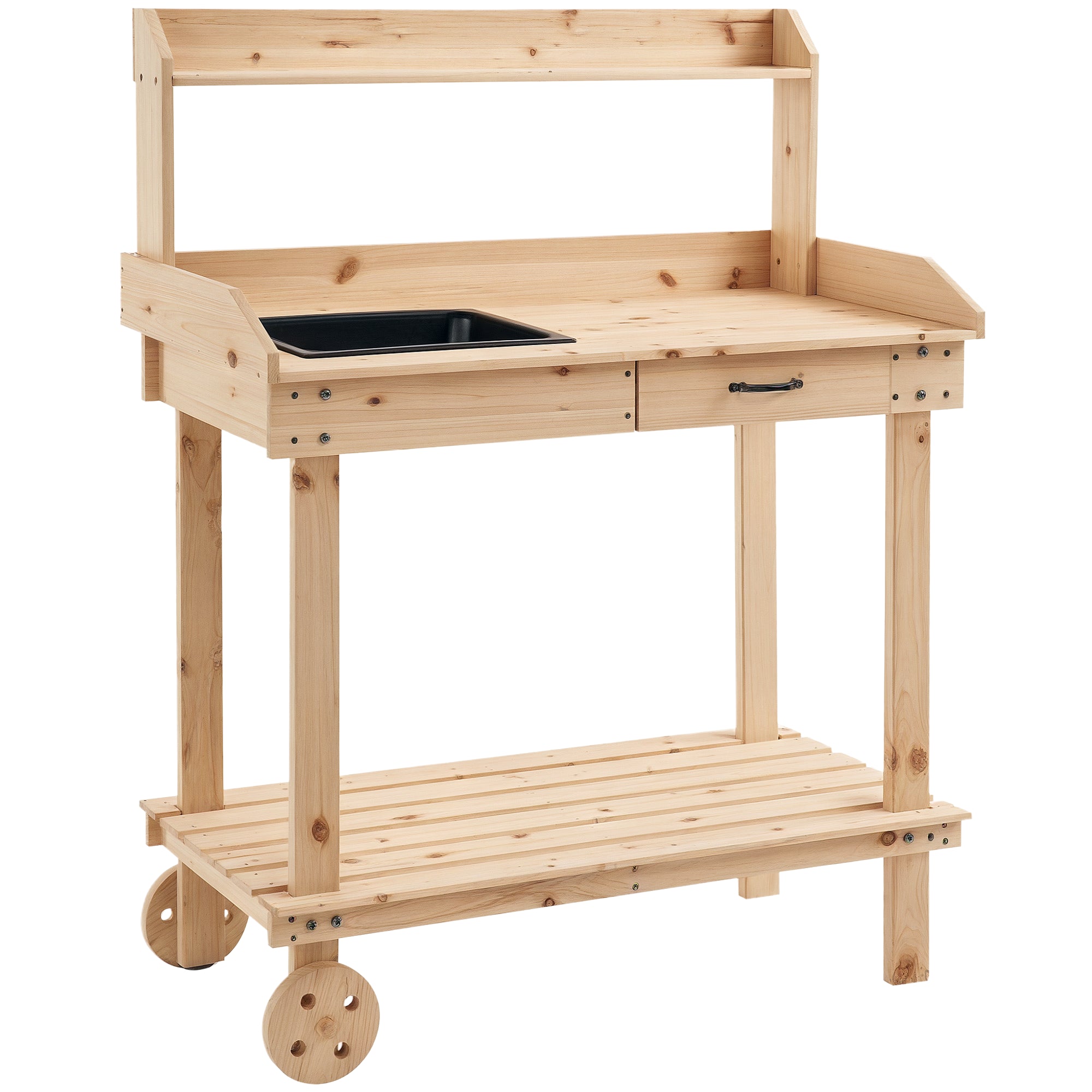 Planting Table with Drawer 2 Steps Gardening Table with Sink and Wheels Garden Natural Pine Wood 92 x 45 x 119 cm