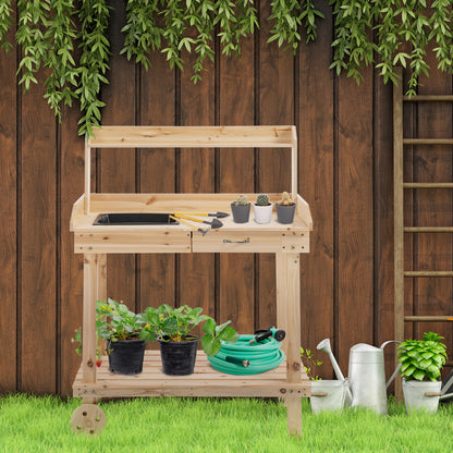 Planting Table with Drawer 2 Steps Gardening Table with Sink and Wheels Garden Natural Pine Wood 92 x 45 x 119 cm