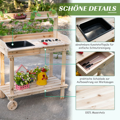 Planting Table with Drawer 2 Steps Gardening Table with Sink and Wheels Garden Natural Pine Wood 92 x 45 x 119 cm