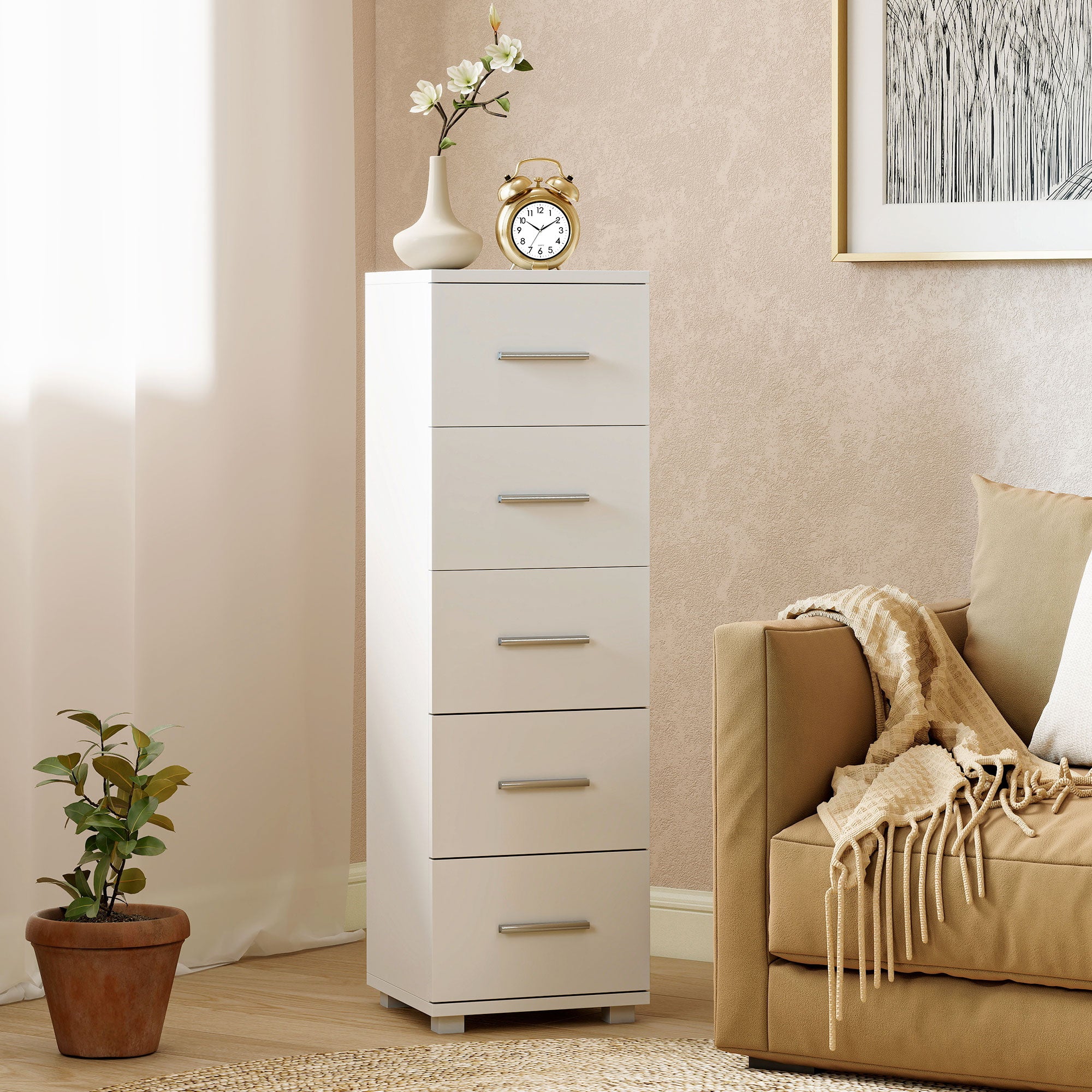 5-Drawer Chest, Narrow Modern Storage Cabinet for Bedroom, Hallway or Living Room, 11.8 x 11.8 x 37.4 in, White