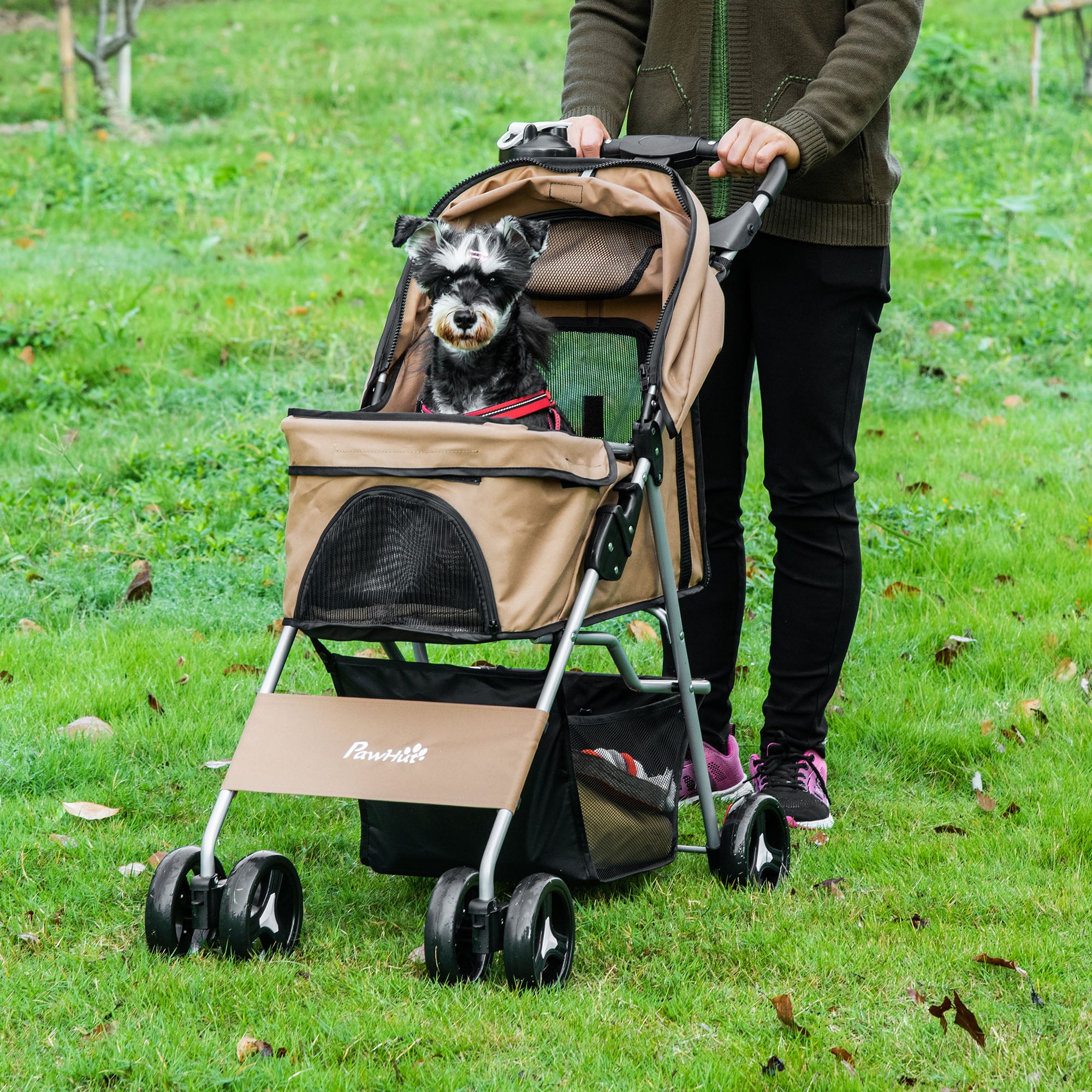 Small Foldable Dog Stroller with Wheel Brakes, Cup Holder, Storage Basket, 3 Windows and 360° Front Wheels, for Pets up to 10 kg, Brown