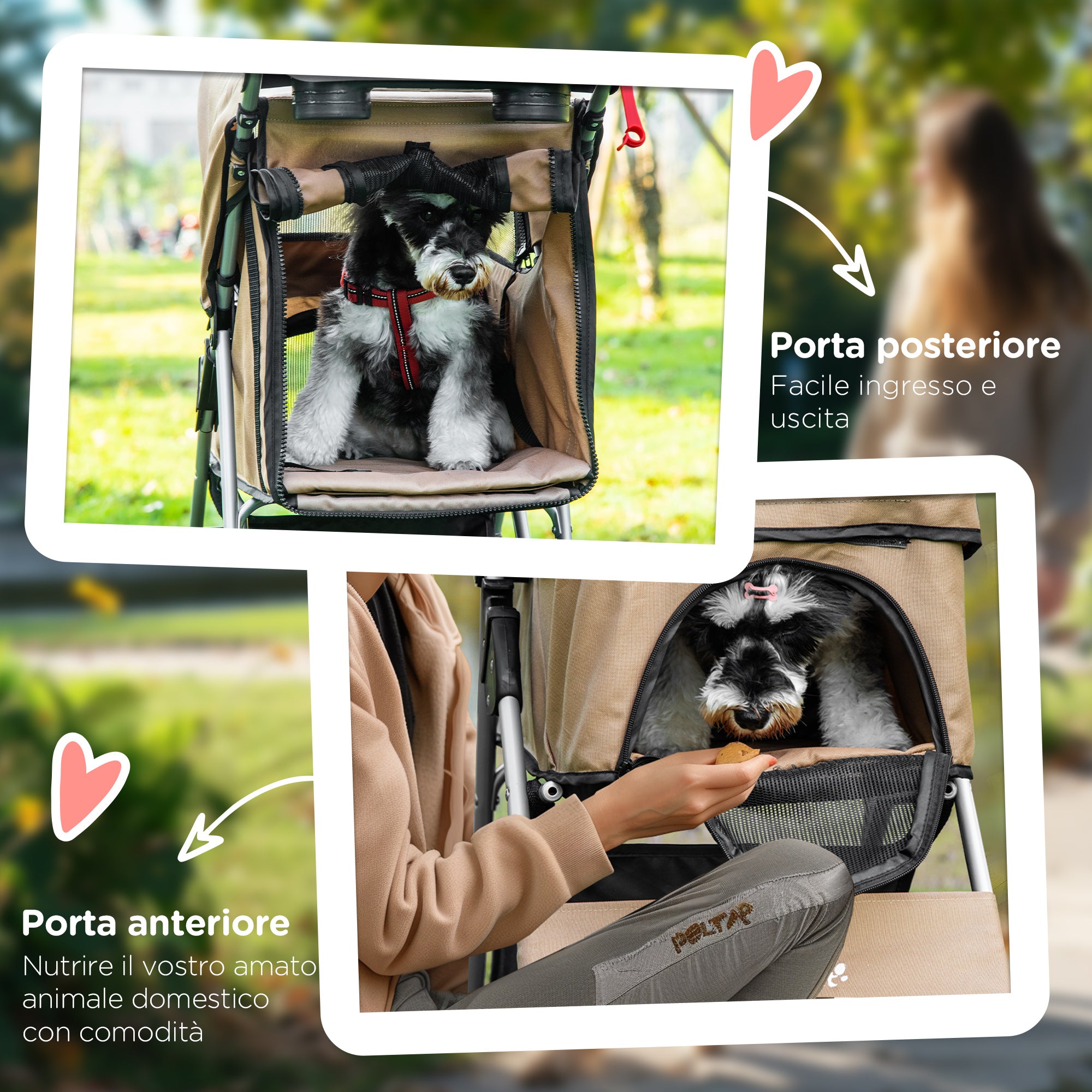 Small Foldable Dog Stroller with Wheel Brakes, Cup Holder, Storage Basket, 3 Windows and 360° Front Wheels, for Pets up to 10 kg, Brown