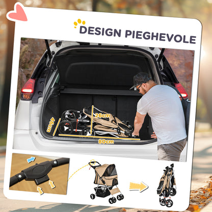 Small Foldable Dog Stroller with Wheel Brakes, Cup Holder, Storage Basket, 3 Windows and 360° Front Wheels, for Pets up to 10 kg, Brown