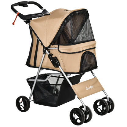 Small Foldable Dog Stroller with Wheel Brakes, Cup Holder, Storage Basket, 3 Windows and 360° Front Wheels, for Pets up to 10 kg, Brown