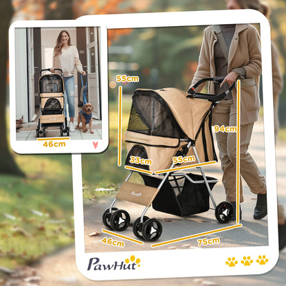 Small Foldable Dog Stroller with Wheel Brakes, Cup Holder, Storage Basket, 3 Windows and 360° Front Wheels, for Pets up to 10 kg, Brown