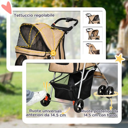 Small Foldable Dog Stroller with Wheel Brakes, Cup Holder, Storage Basket, 3 Windows and 360° Front Wheels, for Pets up to 10 kg, Brown