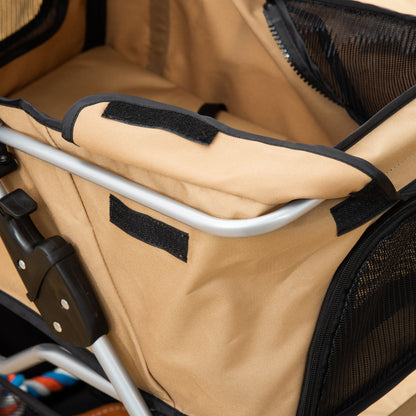 Small Foldable Dog Stroller with Wheel Brakes, Cup Holder, Storage Basket, 3 Windows and 360° Front Wheels, for Pets up to 10 kg, Brown