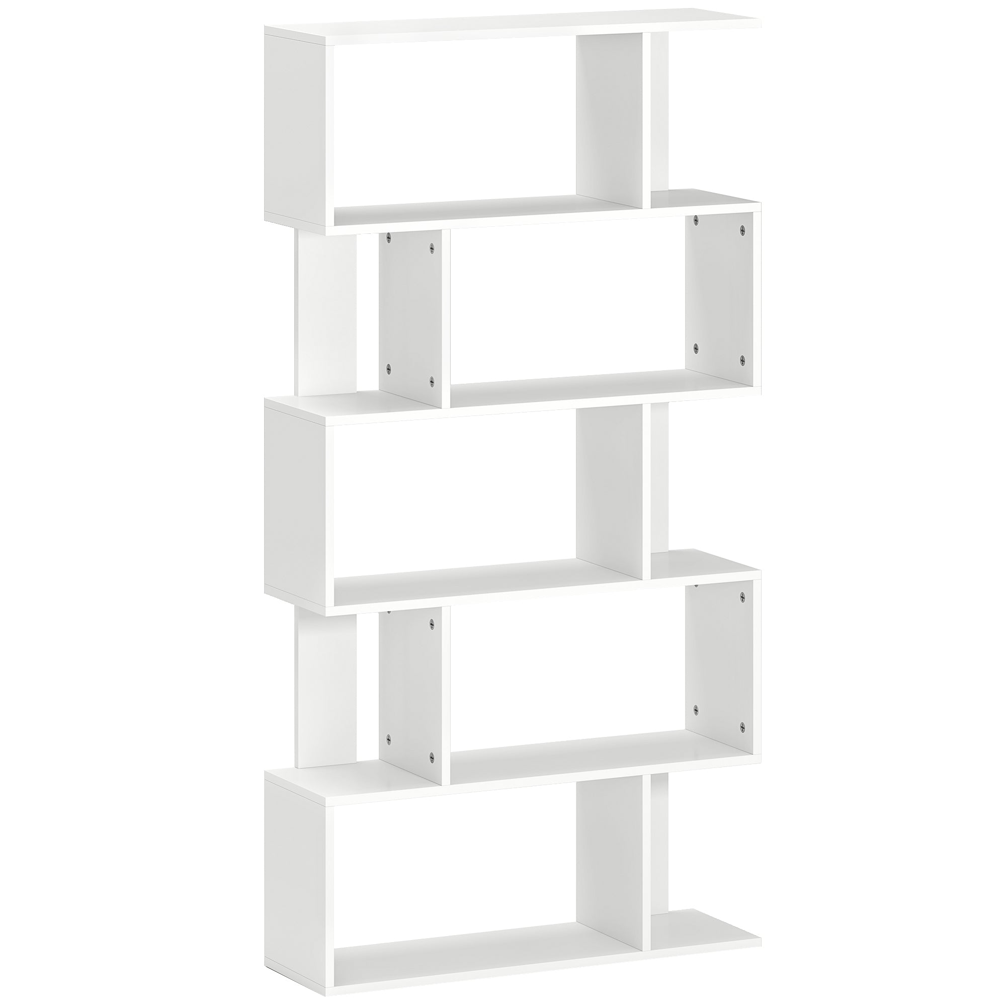 Asymmetric Bookcase with 5 Levels and 10 Open Shelves, Modern Chipboard Bookcase, 80x24x159 cm, White