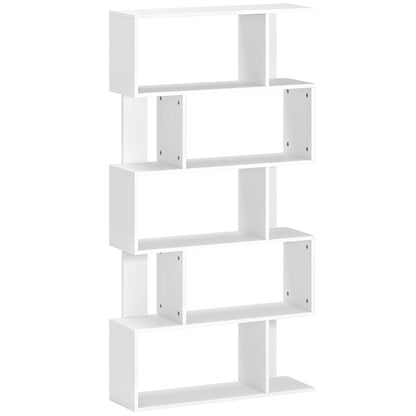 Asymmetric Bookcase with 5 Levels and 10 Open Shelves, Modern Chipboard Bookcase, 80x24x159 cm, White