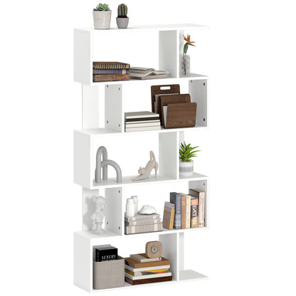 Asymmetric Bookcase with 5 Levels and 10 Open Shelves, Modern Chipboard Bookcase, 80x24x159 cm, White