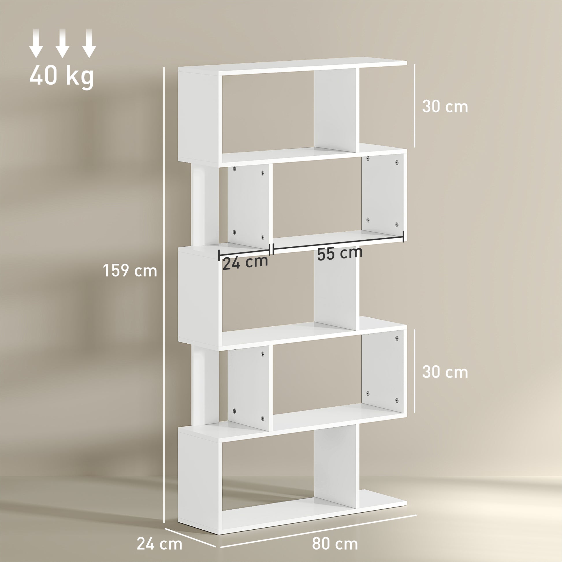 Asymmetric Bookcase with 5 Levels and 10 Open Shelves, Modern Chipboard Bookcase, 80x24x159 cm, White