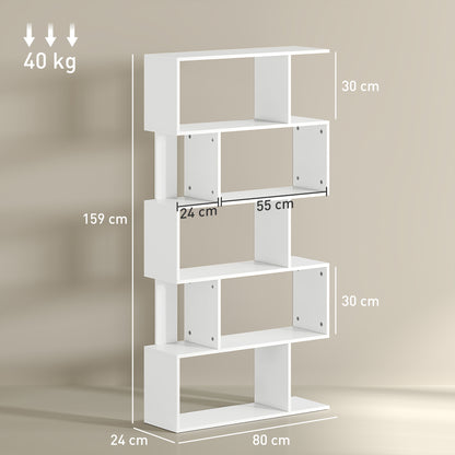 Asymmetric Bookcase with 5 Levels and 10 Open Shelves, Modern Chipboard Bookcase, 80x24x159 cm, White