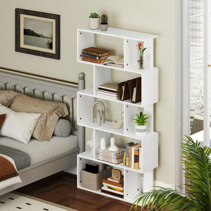 Asymmetric Bookcase with 5 Levels and 10 Open Shelves, Modern Chipboard Bookcase, 80x24x159 cm, White