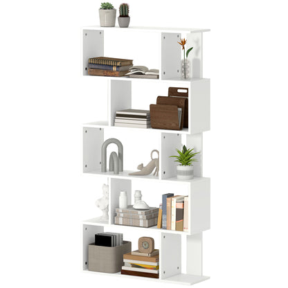 Asymmetric Bookcase with 5 Levels and 10 Open Shelves, Modern Chipboard Bookcase, 80x24x159 cm, White
