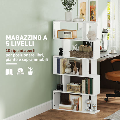 Asymmetric Bookcase with 5 Levels and 10 Open Shelves, Modern Chipboard Bookcase, 80x24x159 cm, White