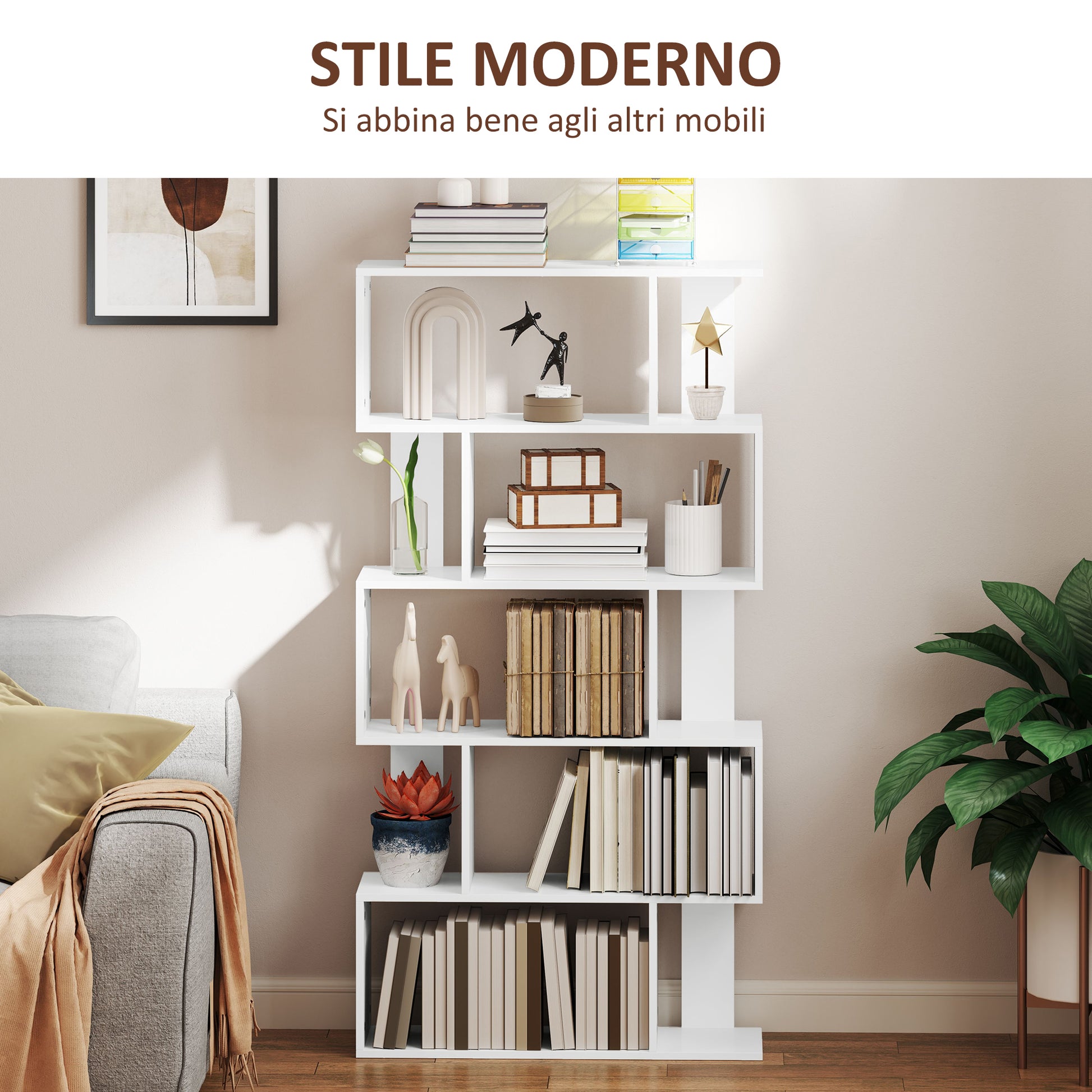 Asymmetric Bookcase with 5 Levels and 10 Open Shelves, Modern Chipboard Bookcase, 80x24x159 cm, White