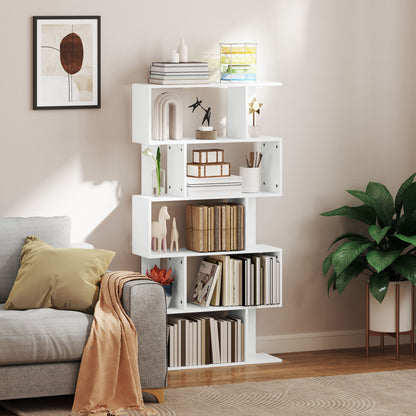 Asymmetric Bookcase with 5 Levels and 10 Open Shelves, Modern Chipboard Bookcase, 80x24x159 cm, White