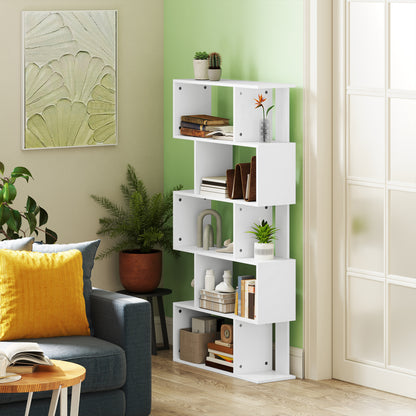 Asymmetric Bookcase with 5 Levels and 10 Open Shelves, Modern Chipboard Bookcase, 80x24x159 cm, White