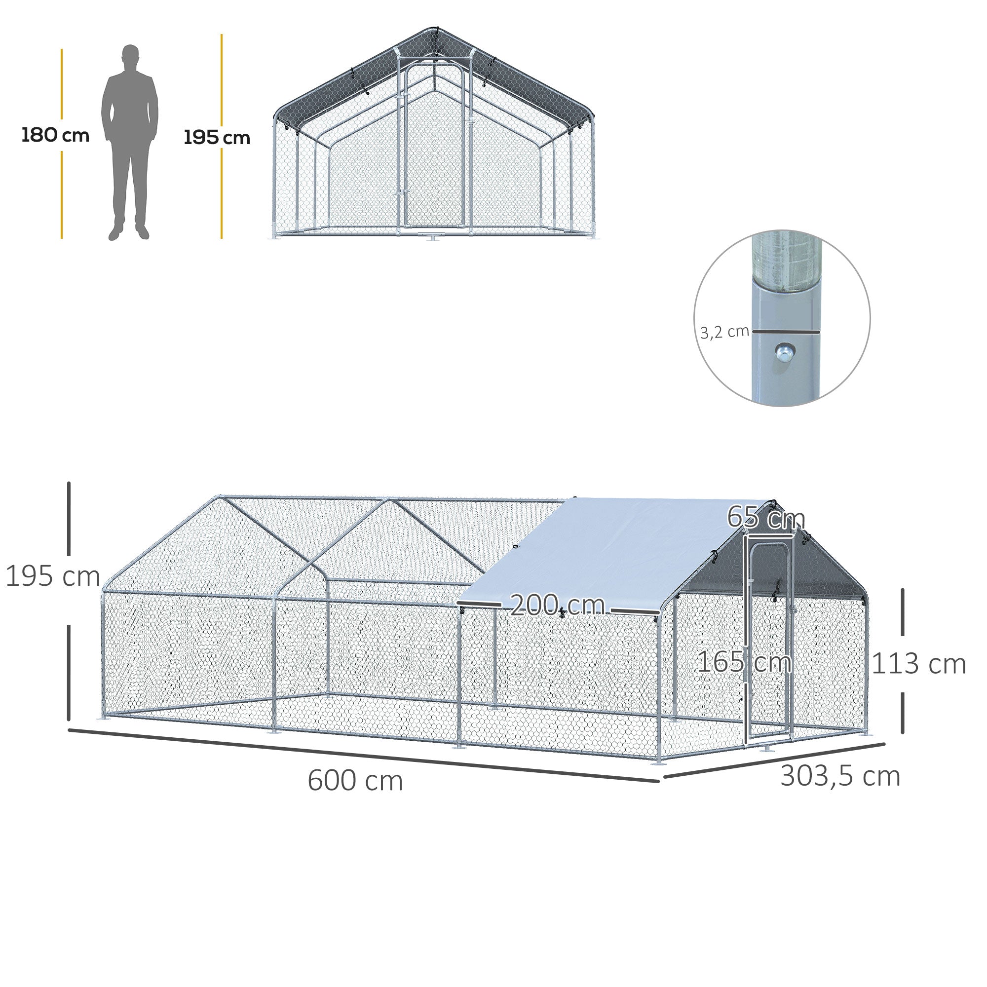 Large Outdoor Galvanized Metal Chicken Coop 3.03x6x1.95 m 3-Room Chicken Cage Oxford Fabric Cover UV and Water Resistant for Yard Silver