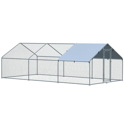 Large Outdoor Galvanized Metal Chicken Coop 3.03x6x1.95 m 3-Room Chicken Cage Oxford Fabric Cover UV and Water Resistant for Yard Silver